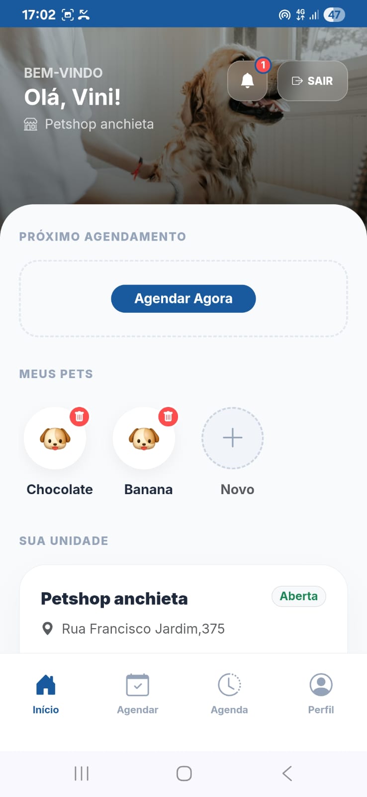 Interface nativa do aplicativo para pet shop utilizado pelo cliente final para auto-agendamento